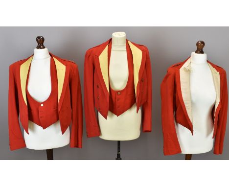 Three British Army Gloucestershire Regiment officer's scarlet mess jackets, one with rank insignia for Lt Colonel, two with w