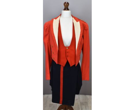 British Army Gloucestershire Regiment officer's scarlet mess jacket with white lapels, rank insignia to shoulder straps and a