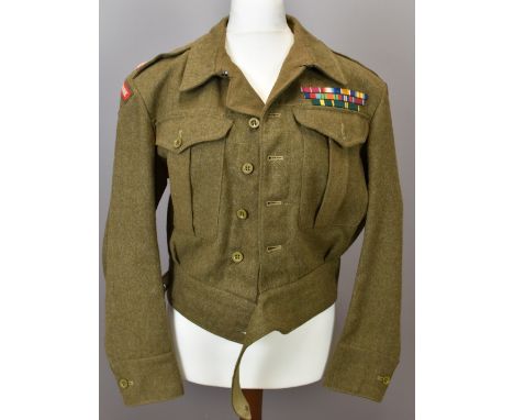 British Army Gloucestershire Regiment battle dress blouse 1940 pattern, with medal ribbons for both wars and Territorial Effi