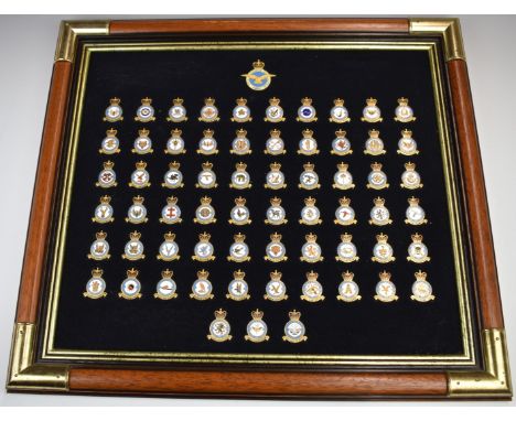 Danbury Mint framed set of enamel and gold plate RAF squadron badges, overall size 53 x 59cm