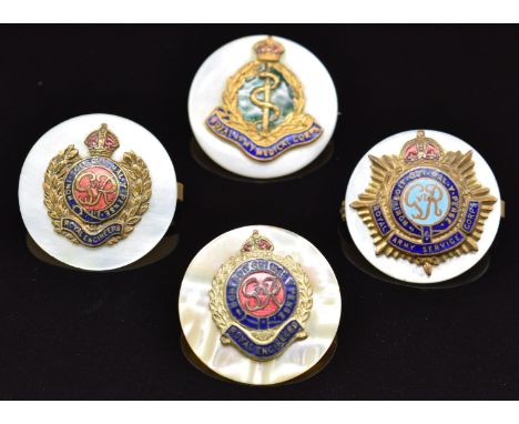 Three mother of pearl, metal and enamel sweetheart brooches for the Royal Engineers together with a Royal Army Medical Corps 