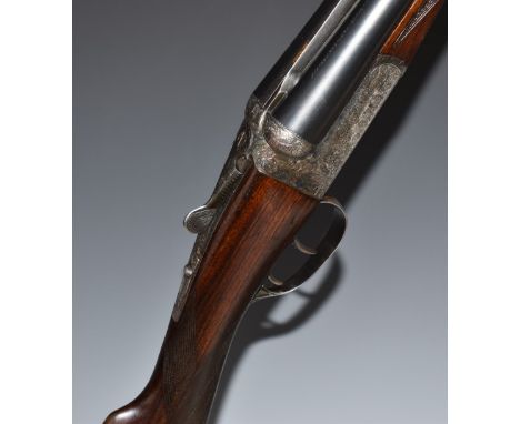 AYA Model 25 12 bore side by side ejector shotgun with named and engraved locks, engraved underside, trigger guard, top plate