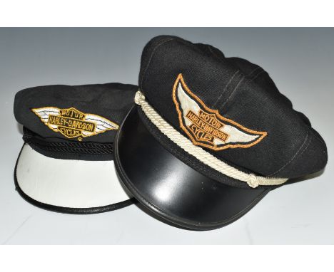 Two Harley Davidson captain's hats with white and black visors, one size large