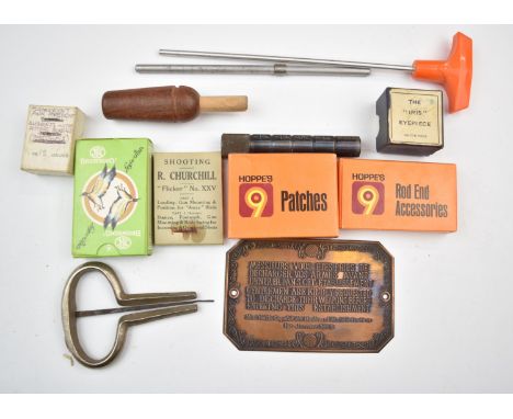 A collection of gun and shooting related items including R Churchill 'Flicker' No. XXV, 12 bore gauge measuring tool, The Iri