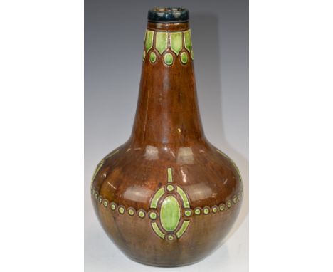 Farnham Art Pottery bulbous brown glazed vase with geometric decoration, height 27.5cm