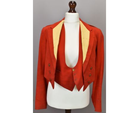 British Army Gloucestershire Regiment officer's scarlet mess jacket with yellow lapels, presidential citation badges and asso