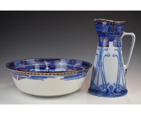 Royal Doulton Art Nouveau bowl and pitcher decorated in the Aubrey pattern, height 35 x diameter 41cm
