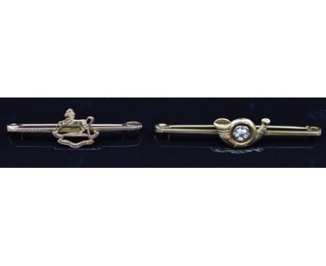 Two 9ct gold sweetheart brooches / tie pins, one for the King's Regiment, the other for Light Infantry, 5.1g