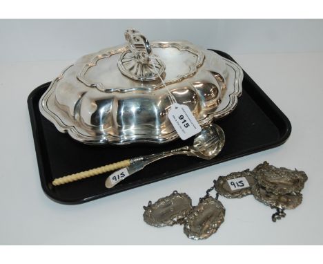 A tray lot of ep &amp; silver - Entree dish and cover, silver sauce ladle, pickle fork, decanter labels Condition Report: Ava