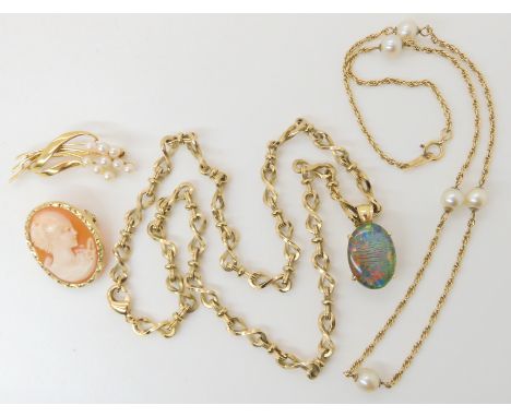 A 14k gold opal triplet pendant weight 2.8gms on a gold plated chain, a 9ct pearl set rope chain, length 39cm, a 9ct pearl br