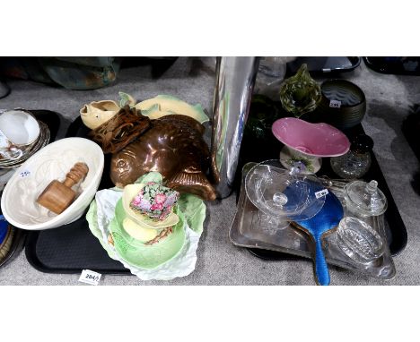 Shorter and Son fish plates and milk jug, Carltonware dishes, James Kent tapestry pattern trinket dishes, an iridescent green