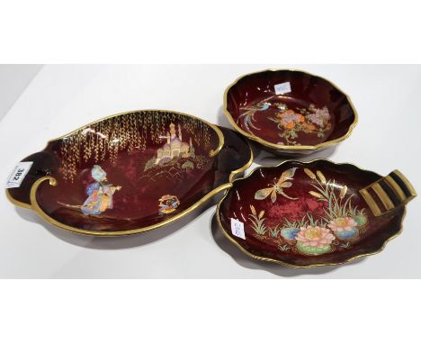 A Carlton Ware Sultan and Slave pattern dish, Bullrushes dish and another with a paradise bird Condition Report: Some rubbing