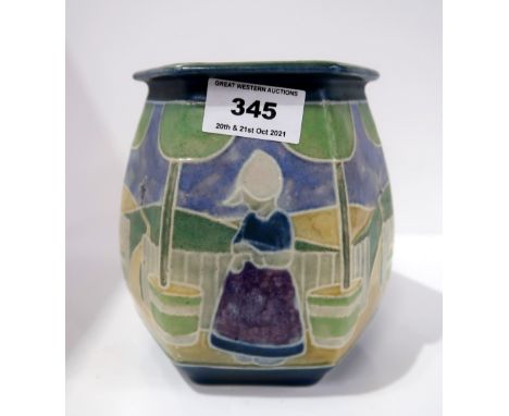 A Royal Doulton Lambeth ceramic jardiniere with tube lined decoration of Dutch figures in a landscape Condition Report: Avail