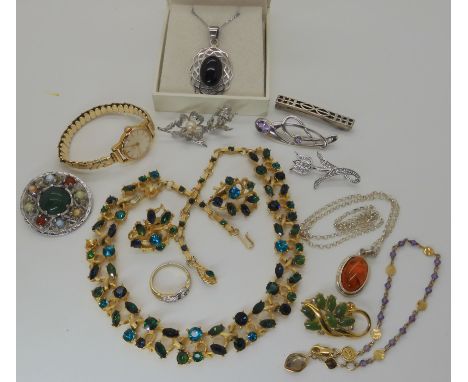 A Jewelcraft necklace and earrings, Ortak silver and amethyst pendant and other items of silver and costume jewellery Conditi