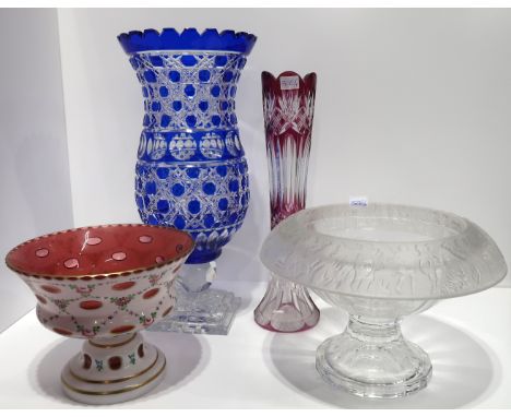 A pink and white cameo glass bowl with cut decoration and painted decoration, a blue flashed and cut glass vase, a amethyst g