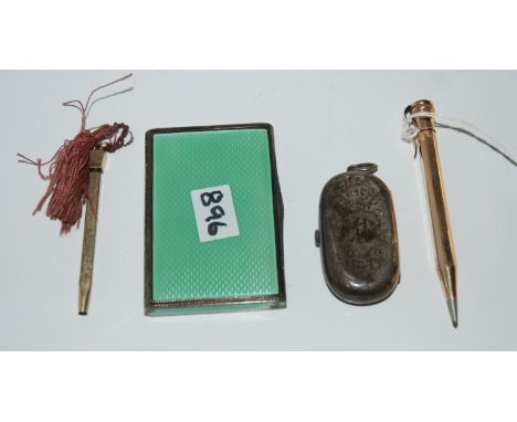 A lot comprising a silver and enamel box, 8.5 x 5.5cm, a silver sovereign case &amp; two pencils Condition Report: Available 