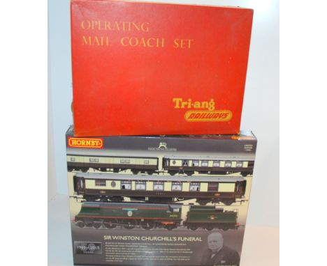 A Hornby Sir Winston Churchill's Funeral set in original box and R.119 Operating Mail Coach Set Condition Report: Available u