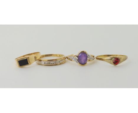 A 9ct amethyst and diamond ring size K1/2, a 9ct diamond ring size P1/2 and two further 9ct rings weight together 6.8gms Cond