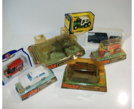 A box of various models including Dinky Static Gun, Bren Gun Carrier, Diesel Road Roller, Range Rover Ambulance in original b