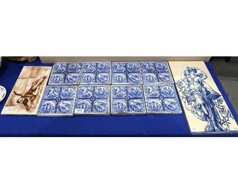 Eight Minton tiles, blue and white transfer printed with kingfishers, herons and flowers, moulded Minton Hollins mark to reve