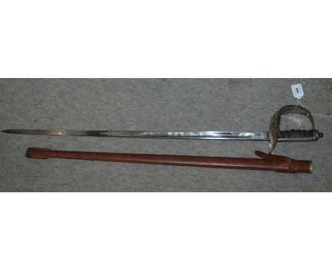 An officers sword with brown leather scabbard, with pierced hand guard and sypher, Fenton Bros, Sheffield, blade 82cm Conditi