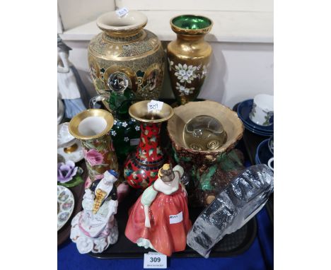 Royal Doulton figure Fair Lady, a red ground cloisonne enamel vase, a large satsuma vase, a green glass and enamelled ewer, a