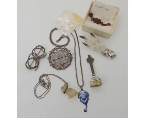 An Iain MacCormick Iona stone mounted white metal cross, and enamel Edwardian pendant, a glass bulldog pendant &amp; chain et