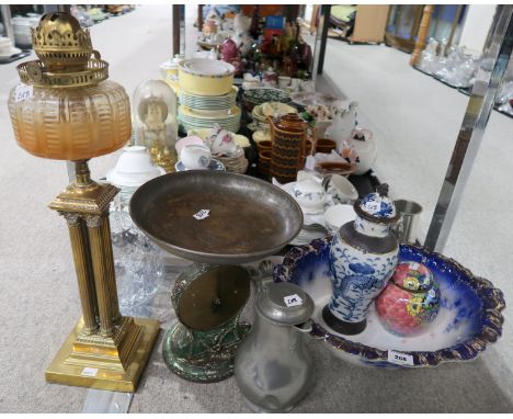 A Maling lustre ginger jar, a Chinese blue and white vase, a blue and gilt decorated wash basin, a brass oil lamp, a pewter c