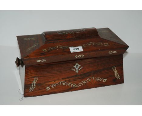 A Victorian mother of pearl inlaid sarcophagus tea caddy, 33cm wide Condition Report: Available upon request