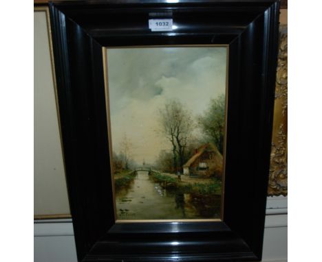 HENGEL Canal scene, signed, oil on ceramic, 37 x 23cm and two others (3) Condition Report: Available upon request
