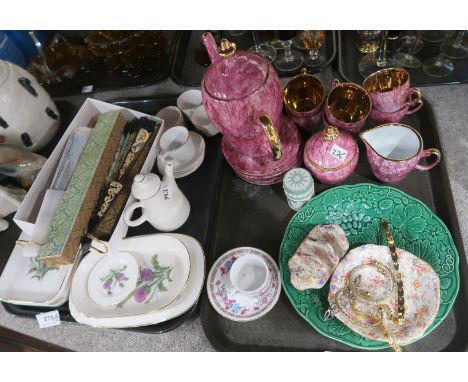 A pink ground polish coffee service, Royal Winton Eleanor dish and toast rack, assorted fans,  Royal Vale dishes, a Granville