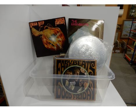 A box of vinyl LP records with The Easy Beats, The Small Faces, Lou Reed, Them, The Nice, Vanilla Fudge, Uriah Heep, Grand Fu