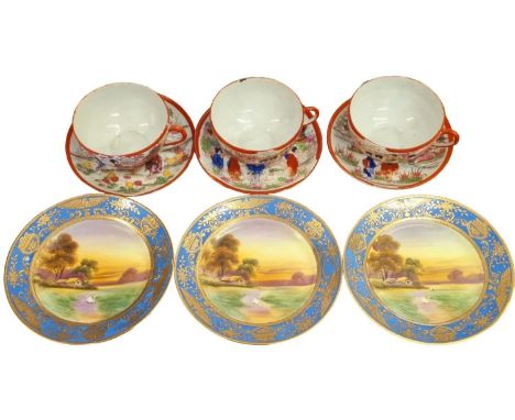 3 x Noritake Blue &amp; Gilt Sandwich Plates with Hand Painted Country Scenes + 3 Japanese Eggshell Cups &amp; Saucers Hand P