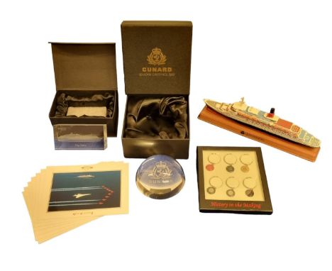 Small Collection of Cunard Line &amp; Queen Elizabeth 2 (QE2) Memorabilia to include Boxed Paperweights, Scale Model, Wine Ta