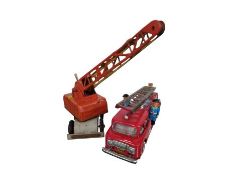 Vintage STI Japanese Tinplate Friction Drive Fire Truck + Strenco Construction Crane
