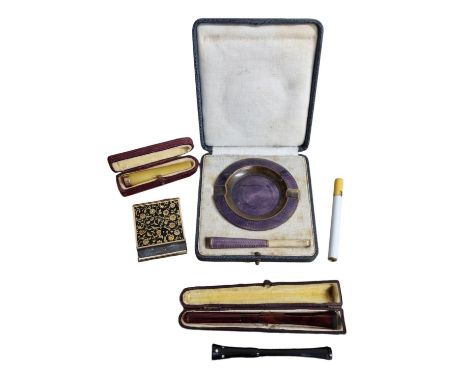9ct Gold Collared Henry Perkins & Son Cheroot Holder + Enamel Match Book Holder, Cased Enamel Ashtray & Cheroot + Lighter & 2