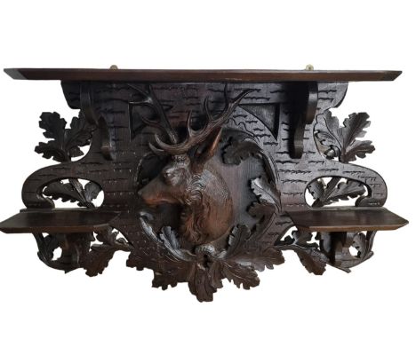 Vintage Black Forest Carved Ornate Wall Mounted Shelf with Stag Head to the Front - 43cm Tall, 60cm Wide, 18cm Deep 