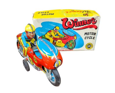 Vintage OMI Winner 93 Tinplate Friction Powered Motor Cycle with Bullet Sound in Original Box