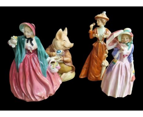 Pair of Early Royal Doulton Ceramic Ladies - Miss Demure & Lady Charmian + Goebel "The Visitor 1894" and a Beatrix Potter Pig