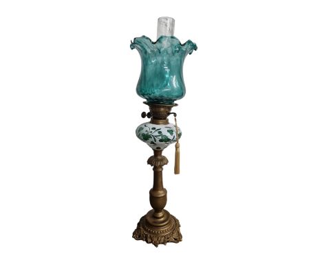 Tall Brass Based Oil Lamp with Ceramic Reservoir &amp; Blue Glass Tulip Shade - 70cm Tall