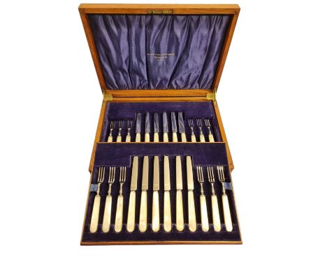 Walnut Cased Army &amp; Navy Stores Mother of Pearl Handled Stainless Knife &amp; Fork Set