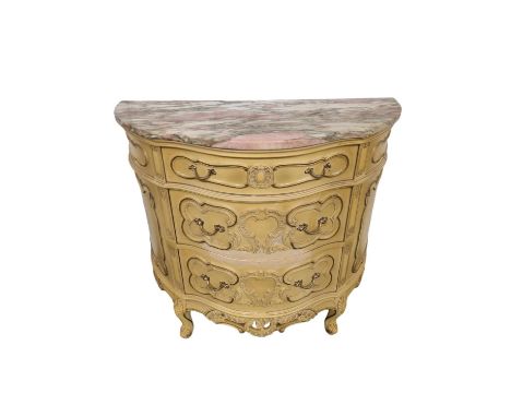Vintage Rococo Style Marble Top Demi-Lune Hall Chest - 80cm Tall, 94cm Wide, 46cm Deep