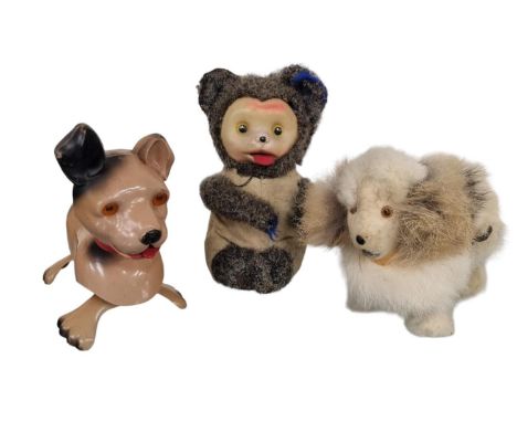 3 Vintage Clockwork Animated Toys to include Seated Playful Bear & 2 Walking Dogs 