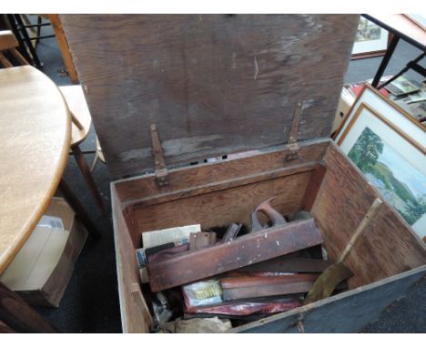 A selection of vintage tools in plywood chest 