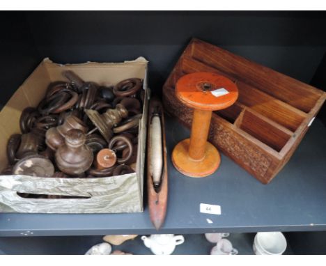 A selection of treen including large bobbin, stationery rack etc