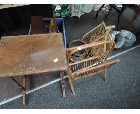 A box of miscellaneous including, hoses, tools, nuts and bolts and three pieces of cane furniture and occasional table