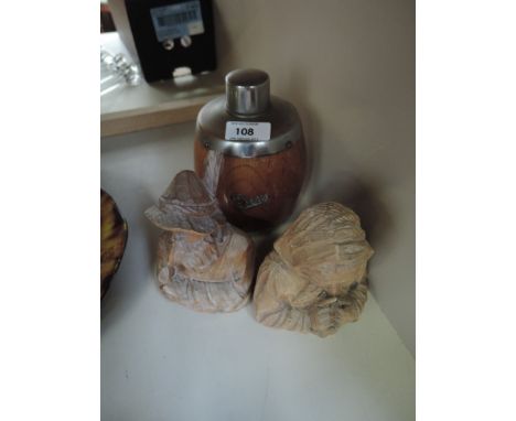 Two treen busts and a tea caddy