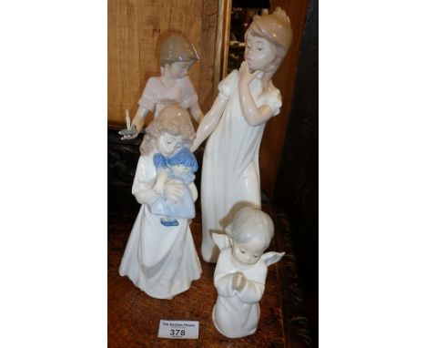 Lladro praying angel child, and three Nao figures