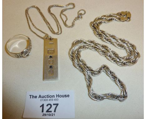 Vintage sterling silver jewellery (all hallmarked) - a belt buckle ring, silver ingot pendant necklace, and twisted rope chai