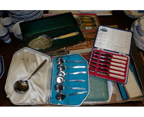Assorted cutlery in cased sets and including silver plated Edwardian cake trowel